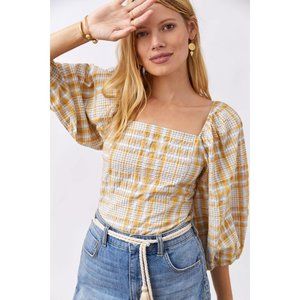 Anthropologie Maeve Checked Square-Neck Blouse
